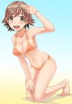  :d arm_up armpits bare_arms bare_legs bare_shoulders barefoot bikini blush bracelet breasts brown_hair cleavage collarbone covered_nipples dan_(orange_train) earrings eyebrows eyebrows_visible_through_hair full_body gradient gradient_background heart heart_necklace honda_mio idolmaster idolmaster_cinderella_girls jewelry kneeling large_breasts leaning_forward midriff navel open_mouth orange_bikini orange_ribbon pendant ribbon salute short_hair side-tie_bikini smile solo stomach stud_earrings swimsuit tareme toes 