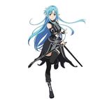  asuna_(sao) asuna_(sao-alo) black_legwear blue_eyes blue_hair detached_sleeves full_body highres holding holding_sword holding_weapon long_hair looking_at_viewer official_art pointy_ears simple_background smile solo sword sword_art_online sword_art_online:_code_register thighhighs weapon white_background 