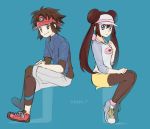  1boy 1girl black_legwear blue_background blue_eyes breasts brown_eyes brown_hair creatures_(company) double_bun english_text full_body game_freak jewelry lack-two_(pokemon) legs_crossed legs_together long_hair long_sleeves looking_at_viewer luo-qin nintendo pantyhose pendant pokemon pokemon_special shoelaces shoes simple_background sitting small_breasts twintails whi-two_(pokemon) zipper 
