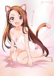  animal_ears arm_support bangs bare_legs bare_shoulders barefoot bow bracelet breasts brown_eyes brown_hair camisole cat_ears cat_tail cleavage earrings hair_bow hairband highres idolmaster idolmaster_(classic) inoue_sora jewelry leaning_forward long_hair looking_at_viewer minase_iori open_mouth panties pink_eyes pink_panties print_panties sitting small_breasts solo swept_bangs tail twitter_username underwear underwear_only wariza 