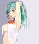  adjusting_hair armpits arms_up ascot bare_shoulders blush breasts buttons center_opening cleavage collared_shirt eyebrows eyebrows_visible_through_hair green_eyes green_hair grey_background hair_ribbon hands_in_hair highres kantai_collection large_breasts long_hair looking_at_viewer mouth_hold navel no_bra open_clothes open_shirt ponytail red_ribbon ribbon shirt signature simple_background sleeveless sleeveless_shirt solo suzuya_(kantai_collection) tareme tebi_(tbd11) tying_hair unbuttoned underboob white_shirt wing_collar 