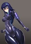  angry ass ass_visible_through_thighs blue_eyes blue_hair blush bodysuit breasts cameltoe covered_navel covered_nipples glasses gloves gradient gradient_background hair_ornament hairclip large_breasts latex nijou_reiko original rindou_(radical_dream) shiny shiny_clothes skin_tight solo thigh_gap thighs 