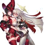  :q ass belt black_hair blonde_hair blue_eyes breast_press breasts cleavage gloves guilty_gear halo hat heterochromia i-no jack-o'_valentine large_breasts long_hair multicolored_hair multiple_girls oro_(sumakaita) red_background red_eyes red_hair red_hat red_legwear short_hair simple_background symmetrical_docking thighhighs thighs tongue tongue_out 