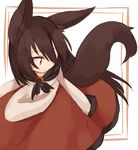  animal_ears brooch brown_hair dress imaizumi_kagerou jewelry kaginoni long_sleeves monster_girl red_eyes solo tail touhou wolf_ears wolf_tail 