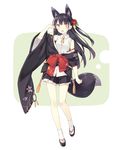  animal_ear_fluff animal_ears bare_shoulders black_hair blush contrapposto eyebrows eyebrows_visible_through_hair flower fox_ears fox_tail full_body hair_flower hair_ornament highres japanese_clothes kuromitsu_nene leaf long_hair miniskirt off_shoulder open_mouth original pleated_skirt poco_(asahi_age) shirt skirt sleeveless sleeveless_shirt solo standing tabi tail white_background yellow_eyes zouri 