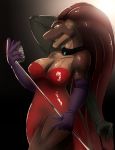  2018 4_arms android anthro armwear big_breasts blue_eyes breasts cleavage clothed clothing collar cosplay digital_media_(artwork) disney dreadlocks dress elbow_gloves female gloves gradient_background hair hand_behind_head hi_res holding_microphone holding_object jessica_rabbit long_hair machine melion_(beyxer) microphone multi_arm multi_limb open_mouth portrait red_dress reptile robot sacb0y scalie sequin_dress sequins simple_background singing solo standing thick_thighs three-quarter_portrait trenco who_framed_roger_rabbit 