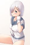  blue_eyes gloves hair_over_one_eye hamakaze_(kantai_collection) highres kantai_collection mikazuchi_zeus no_pants panties school_uniform serafuku short_sleeves silver_hair smile solo underwear 