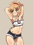  :d armpits bare_shoulders belt belt_buckle blonde_hair blush breasts buckle covered_nipples cutoffs fate/apocrypha fate_(series) green_eyes grin looking_at_viewer midriff mordred_(fate) mordred_(fate)_(all) navel no_bra nt00 open_mouth short_hair short_shorts shorts small_breasts smile solo stomach strapless sweat teeth tubetop 