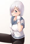  blue_eyes breasts crotch_seam eyes_visible_through_hair gloves hair_ornament hair_over_one_eye hairclip hamakaze_(kantai_collection) highres kantai_collection large_breasts mikazuchi_zeus no_pants panties panties_under_pantyhose pantyhose school_uniform serafuku short_hair short_sleeves silver_hair solo underwear white_gloves 