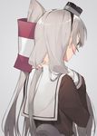  amatsukaze_(kantai_collection) bangs blush dress eyelashes facing_away from_behind gloves grey_background grey_hair hair_tubes hairband hand_in_hair hayashi_kewi headgear holding holding_hair kantai_collection long_hair long_sleeves nape one_side_up sailor_dress silver_hair simple_background single_glove sleeves_past_wrists solo straight_hair upper_body white_gloves windsock 
