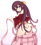  ass breasts commentary_request from_behind hakama japanese_clothes kamikaze_(kantai_collection) kanitama kantai_collection large_breasts long_hair open_mouth pink_hakama purple_eyes purple_hair solo undressing very_long_hair wavy_mouth 
