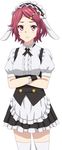  alternate_costume cosplay cp9a crossed_arms enmaided fleur_de_lapin_uniform gochuumon_wa_usagi_desu_ka? hair_ornament kirima_sharo kirima_sharo_(cosplay) maid maid_headdress minase_koito musaigen_no_phantom_world red_eyes red_hair seiyuu_connection short_hair solo thighhighs uchida_maaya white_background white_legwear 