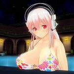  3d annoyed bare_shoulders bikini blush breast_rest breasts cleavage custom_maid_3d_2 floral_print headphones highres large_breasts long_hair looking_at_viewer nitroplus o-ring o-ring_top pink_eyes pink_hair pool poolside solo strap_gap super_sonico swimsuit uld_macaron 