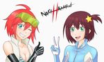  ahoge bare_shoulders bikini bodysuit breasts brown_hair cleavage elbow_gloves gloves goggles goggles_on_head hair_ornament looking_at_viewer luluco multiple_girls not_a_hazard open_mouth short_hair side_ponytail smile spacesuit swimsuit thumbs_up trigger-chan trigger_(company) uchuu_patrol_luluco v 