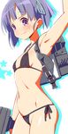  9law arm_up armpits bikini black_bikini blush breasts kantai_collection looking_at_viewer ooshio_(kantai_collection) purple_eyes purple_hair short_hair side-tie_bikini small_breasts smile solo swimsuit 