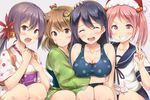  :d ^_^ akebono_(kantai_collection) bandaid bandaid_on_face bare_shoulders bell black_hair blue_swimsuit blush breasts brown_eyes brown_hair bunny cleavage closed_eyes collarbone crab floral_print flower girl_sandwich green_kimono grin hair_bell hair_flower hair_ornament hat hug ichikawa_feesu japanese_clothes jingle_bell kantai_collection kimono large_breasts long_hair multiple_girls obi oboro_(kantai_collection) one-piece_swimsuit open_mouth pink_hair polka_dot polka_dot_swimsuit sandwiched santa_hat sash sazanami_(kantai_collection) school_uniform serafuku short_hair sleeveless smile swimsuit swimsuit_under_clothes tasuki twintails ushio_(kantai_collection) v yukata 