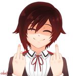  artist_name closed_eyes cslucaris double_middle_finger middle_finger red_hair ruby_rose rwby school_uniform shaded_face simple_background smile solo white_background 