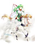  armor elbow_gloves fire_emblem fire_emblem:_monshou_no_nazo gloves green_eyes green_hair headband highres horseback_riding lance long_hair paola pegasus pegasus_knight polearm riding ruri_(magnolia) side_slit skirt solo spear thighhighs twitter_username weapon white_background white_wings wings 