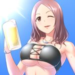  ;d alcohol armpits bandeau bare_shoulders beer beer_mug bikini black_bikini blue_sky blush bracelet breasts brown_eyes cleavage collarbone cross-laced_clothes cup day drink drinking_glass foam grey_hair hand_up holding holding_cup idolmaster idolmaster_cinderella_girls jewelry large_breasts light_rays lips long_hair mug necklace one_eye_closed open_mouth outdoors pataniito sawada_marina sky smile solo strapless strapless_bikini sun sunlight sweat swimsuit tareme underboob upper_body 