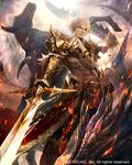  armor dragon dragon's_shadow fire flame foreshortening full_armor fur_trim gauntlets greaves holding holding_sword holding_weapon horse kei1115 looking_at_viewer male_focus muscle official_art outdoors red_eyes rock shoulder_armor silver_eyes silver_hair slashing standing sword unsheathed weapon 
