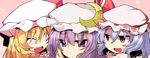  :&lt; blue_hair closed_eyes crescent face fang flandre_scarlet hat hat_ribbon heart jitome mob_cap multiple_girls open_mouth patchouli_knowledge pink_background purple_eyes purple_hair red_eyes remilia_scarlet ribbon shirogane_(platinum) siblings silver_hair sisters smile touhou 