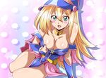  :d arm_support bare_shoulders blonde_hair blush_stickers bracer breasts capelet choker cleavage clothes_pull collarbone commentary_request dark_magician_girl duel_monster green_eyes hat large_breasts long_hair looking_at_viewer off_shoulder open_mouth pentacle sitting smile solo star starry_background washizuka_shou wizard_hat yokozuwari yuu-gi-ou yuu-gi-ou_duel_monsters 