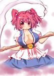  belt blue_dress breasts cowboy_shot dress hair_bobbles hair_ornament large_breasts looking_at_viewer muuba no_bra onozuka_komachi open_clothes open_mouth open_shirt puffy_short_sleeves puffy_sleeves red_eyes red_hair sash scythe shirt short_sleeves solo touhou two_side_up 