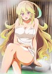  :d ahoge arm_support bare_shoulders blonde_hair blush breasts cleavage collarbone commentary_request green_hair large_breasts long_hair looking_at_viewer milla_maxwell multicolored_hair naked_towel official_style onsen open_mouth pink_eyes shiny shiny_skin sitting sitting_on_rock smile soaking_feet solo tales_of_(series) tales_of_xillia tales_of_xillia_2 thighs towel two-tone_hair very_long_hair washizuka_shou water white_towel 
