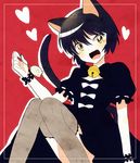  :3 animal_ears bangs bell bell_collar black_dress black_hair black_legwear cat_ears cat_girl cat_tail collar dress fang frilled_dress frills heart holding kyou_(karankoron) kyoukai_no_rinne lace lace-trimmed_thighhighs looking_at_viewer mouse open_mouth puffy_short_sleeves puffy_sleeves red_background scrunchie short_hair short_sleeves sitting smile solo suzu_(kyoukai_no_rinne) tail thighhighs wrist_scrunchie yellow_eyes 