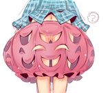  ? ass_visible_through_thighs bubble_skirt groin hata_no_kokoro head_out_of_frame legs long_sleeves muuba navel no_panties pink_skirt plaid plaid_shirt pussy pussy_peek shirt simple_background skirt solo spoken_question_mark touhou white_background 