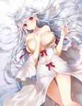  ahoge bare_shoulders breasts dress hand_on_own_chest highres kasukabe_akira large_breasts long_hair lying navel on_back ore_no_pet_wa_seijo-sama red_eyes scan silver_hair smile solo very_long_hair white_dress 