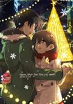  1girl blue_eyes blue_hair brown_eyes brown_hair christmas_tree clannad couple furukawa_nagisa happy_birthday hetero okazaki_tomoya short_hair snowflakes takumi_(scya) typo 