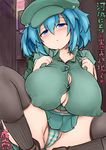  :o bag blue_eyes blue_hair blush breasts cleavage commentary_request covered_nipples hair_ornament hat huge_breasts kawashiro_nitori looking_at_viewer navel okiraku_nikku open_mouth panties short_hair skirt skirt_set solo spread_legs squatting thick_thighs thighhighs thighs touhou twintails two_side_up underwear 