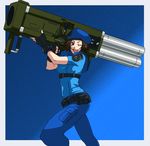  blue_eyes brown_hair capcom jill_valentine resident_evil rocket_launcher short_hair solo weapon xugashi 