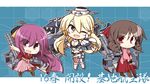  bang blonde_hair blue_eyes brown_eyes brown_hair cannon chibi drill_hair finger_gun fingerless_gloves foreshortening gloves hakama harukaze_(kantai_collection) hat highres iowa_(kantai_collection) japanese_clothes kamikaze_(kantai_collection) kantai_collection kisaragi_yuu_(re:lucks) long_hair machinery meiji_schoolgirl_uniform multiple_girls pink_hakama red_eyes red_hair red_hakama symbol-shaped_pupils thighhighs 