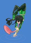  :&gt; ass asui_tsuyu bad_id bad_pixiv_id black_eyes black_hair blue_background bodysuit boku_no_hero_academia frog_girl gloves green_bodysuit hair_rings handstand highres keije long_hair long_tongue low-tied_long_hair ripples shiny shiny_hair sidelocks skin_tight solo tongue tongue_out 