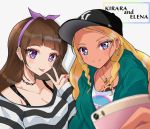  2girls :p amamiya_erena amanogawa_kirara bangs baseball_cap black_hat black_shirt blonde_hair blurry blurry_foreground breasts brown_hair cellphone character_name chest_tattoo cleavage closed_mouth collarbone dark_skin depth_of_field ear_piercing earrings eyebrows_visible_through_hair go!_princess_precure green_hoodie hairband hand_up hat holding holding_phone hood hoodie hoop_earrings jewelry long_hair long_sleeves looking_at_viewer medium_breasts mole mole_under_eye multiple_girls nail_polish necklace open_clothes open_hoodie phone piercing precure purple_eyes purple_hairband red_nails rudo_(rudorudo0917) self_shot shiny shiny_hair shirt sidelocks sleeves_past_wrists smartphone smile star star_twinkle_precure striped striped_shirt tattoo tongue tongue_out upper_body v white_background white_shirt 