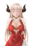  alicia_(granblue_fantasy) arms_behind_back bangs blunt_bangs blush bow breasts center_opening cleavage closed_eyes cross cross_earrings draph dress earrings eyebrows eyebrows_visible_through_hair eyelashes frilled_sleeves frills granblue_fantasy hair_intakes highres incoming_kiss jewelry large_breasts long_hair parted_lips pointy_ears red_bow red_dress short_sleeves silver_hair simple_background solo terry_(pixiv3274443) upper_body white_background 