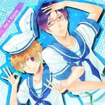  ;) blonde_hair blue_hair character_name free! glasses hat hat_removed hazuki_nagisa headwear_removed locked_arms male_focus money_gesture multiple_boys one_eye_closed pink_eyes purple_eyes red-framed_eyewear ryuugazaki_rei sailor sailor_hat siratama_anmitsu smile v 