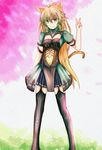  animal_ears atalanta_(fate) blonde_hair cat_ears cat_tail fate/apocrypha fate/grand_order fate_(series) garter_straps gradient_hair green_eyes green_hair hand_up highres legs_apart long_hair looking_at_viewer multicolored_hair puffy_short_sleeves puffy_sleeves short_sleeves smile solo standing tail thighhighs turtleneck v very_long_hair yin_man_tong_xing 