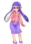  bangs blunt_bangs cardigan cosplay domino_mask hand_on_own_cheek highres inkling kanon long_hair long_sleeves mask minase_akiko minase_akiko_(cosplay) mitarashi_kousei pointy_ears purple_eyes purple_footwear purple_hair purple_skirt shoes simple_background sketch skirt smile solo splatoon_(series) splatoon_1 tentacle_hair white_background 