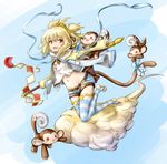  :3 alternate_costume andira_(granblue_fantasy) animal_ears barefoot blonde_hair breasts cloud commentary_request contemporary crop_top cropped_jacket denim denim_shorts erune flying_nimbus granblue_fantasy hair_between_eyes hair_ornament hairband highres looking_at_viewer midriff monkey monkey_ears monkey_tail navel open_mouth red_eyes rojii_(oshiri-mentaiko) short_hair shorts small_breasts staff striped striped_legwear tail thighhighs 