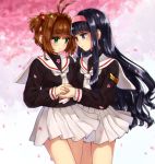  2girls antenna_hair bangs bare_legs black_hair black_serafuku black_shirt blue_eyes blunt_bangs blush brown_hair card_captor_sakura cherry_blossoms closed_mouth couple cousins daidouji_tomoyo eye_contact eyebrows_visible_through_hair female green_eyes hair_bobbles hair_intakes hair_ornament hairband hand_holding highres kinomoto_sakura legs long_hair long_sleeves looking_at_another megane_shinchuu multiple_girls neckerchief petals pleated_skirt sailor_collar school_uniform serafuku shirt short_hair skirt smile standing turtleneck two_side_up very_long_hair wavy_hair white_sailor_collar white_skirt yuri 