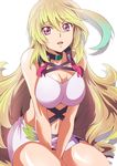  ahoge bare_shoulders blonde_hair breasts choker cleavage commentary_request cowboy_shot green_hair large_breasts long_hair looking_at_viewer midriff milla_maxwell miniskirt multicolored_hair navel official_style open_mouth pink_eyes side_slit simple_background skirt sleeveless solo tales_of_(series) tales_of_xillia tareme two-tone_hair v_arms very_long_hair washizuka_shou white_background white_skirt 