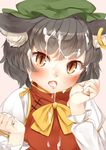  animal_ears black_hair bow brown_eyes cat_ears chen cum cum_in_mouth cum_on_clothes cum_on_hair dress facial fang hat jewelry long_sleeves looking_at_viewer mob_cap nishiuri open_mouth red_dress shirt single_earring slit_pupils solo tongue tongue_out touhou upper_body 