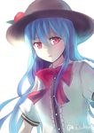  backlighting black_hat bloom blouse blue_hair bow bowtie buttons commentary_request culter dress_shirt food frills fruit hat hinanawi_tenshi leaf long_hair looking_at_viewer parted_lips peach puffy_short_sleeves puffy_sleeves red_bow red_eyes red_neckwear shirt short_sleeves solo touhou twitter_username upper_body white_blouse wing_collar 