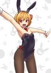  animal_ears black_legwear blonde_hair bobomaster bunny_ears bunny_girl bunnysuit detached_collar fake_animal_ears flat_chest hair_ribbon highres looking_at_viewer necktie open_mouth outstretched_arms pantyhose red_eyes red_neckwear red_ribbon ribbon rumia short_hair simple_background smile solo standing touhou wrist_cuffs 