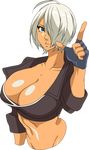  ahoge angel_(kof) blue_eyes breasts cleavage hohehohe huge_breasts king_of_fighters large_breasts looking_at_viewer parted_lips short_hair silver_hair smile snk solo upper_body xugashi 
