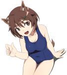  1girl animal_ears brave_witches breasts brown_eyes brown_hair cleavage collarbone covered_navel eyebrows eyebrows_visible_through_hair hair_ornament hairclip karibuchi_hikari looking_at_viewer looking_up medium_breasts monochrome_background nanashino open_mouth shadow shiny shiny_hair shiny_skin short_hair simple_background smile solo squirrel_ears swimsuit swimwear tail white_background world_witches_series 