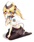  artist_name bison_cangshu black_legwear blonde_hair blue_eyes character_request clipboard copyright_request full_body garrison_cap glasses hat headphones highres holding loafers long_hair midriff necktie pantyhose pleated_skirt ponytail red-framed_eyewear shirt shoes simple_background sitting sketch skirt solo white_background 